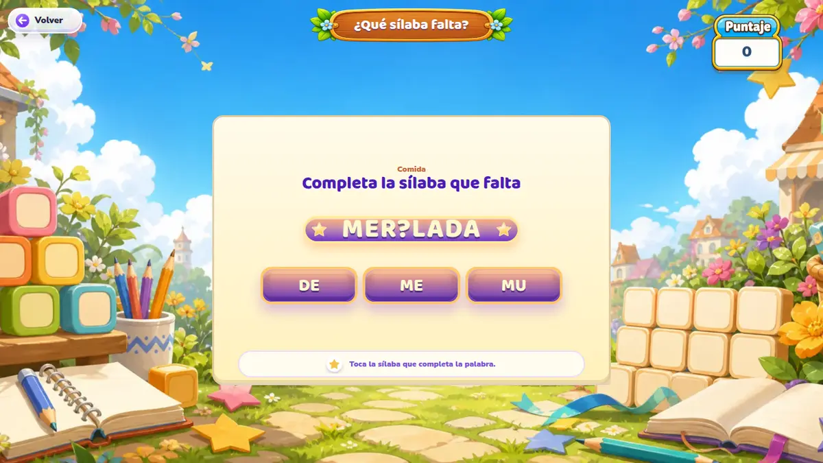 Juego real de completar una palabra con la sílaba que falta