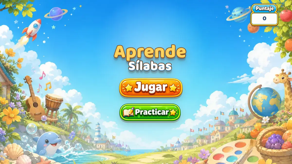 Pantalla inicial real de Aprendonia: Sílabas y Palabras con los modos Jugar y Practicar