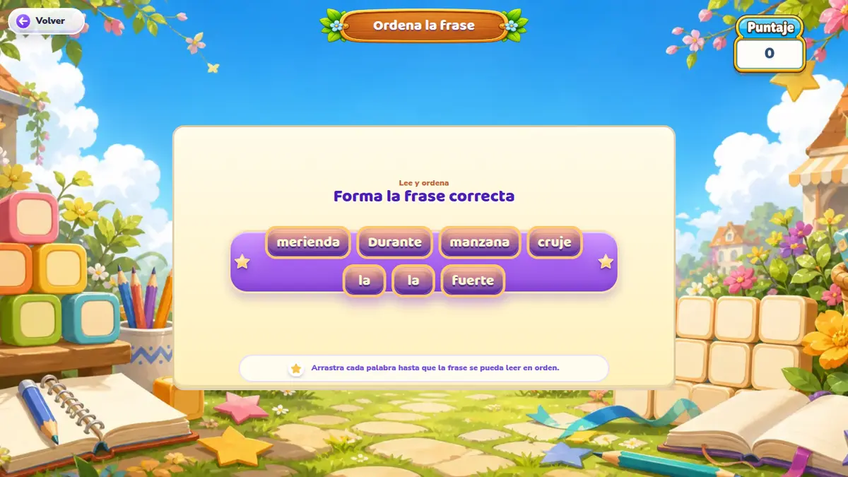 Juego real de ordenar palabras para construir una frase