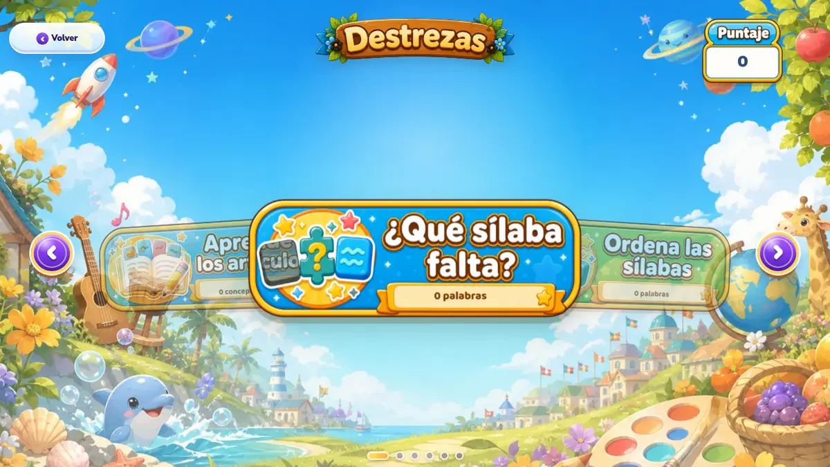 Pantalla real para elegir una destreza en Aprendonia: Sílabas y Palabras